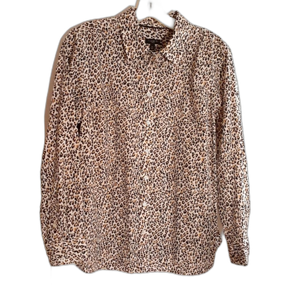 Talbots animal print cotton blouse shirt top large l p pl LP career button down